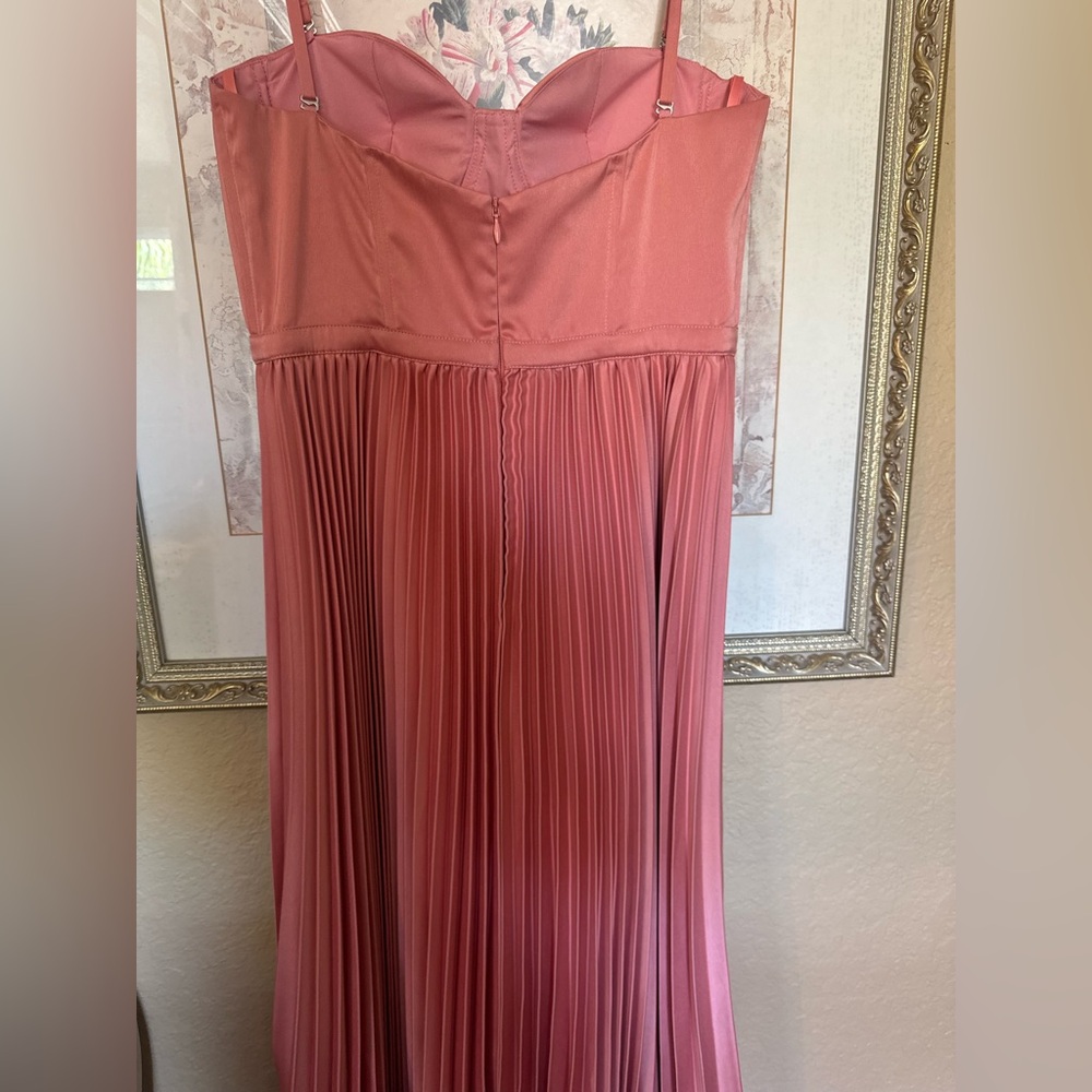 Pleated Satin Bustier Midi Dress in Coral Pink - Picture 2 of 2
